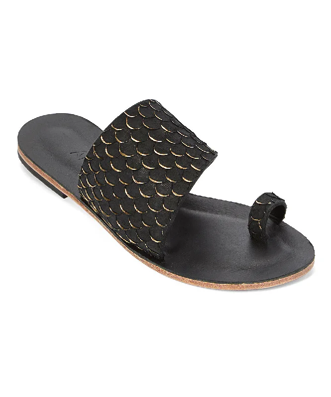 Men's sandals with a perforated leather upper for ventilationWilshire Blvd - Classic Slide with Toe Loop And Real Fish Scale Leather | Black