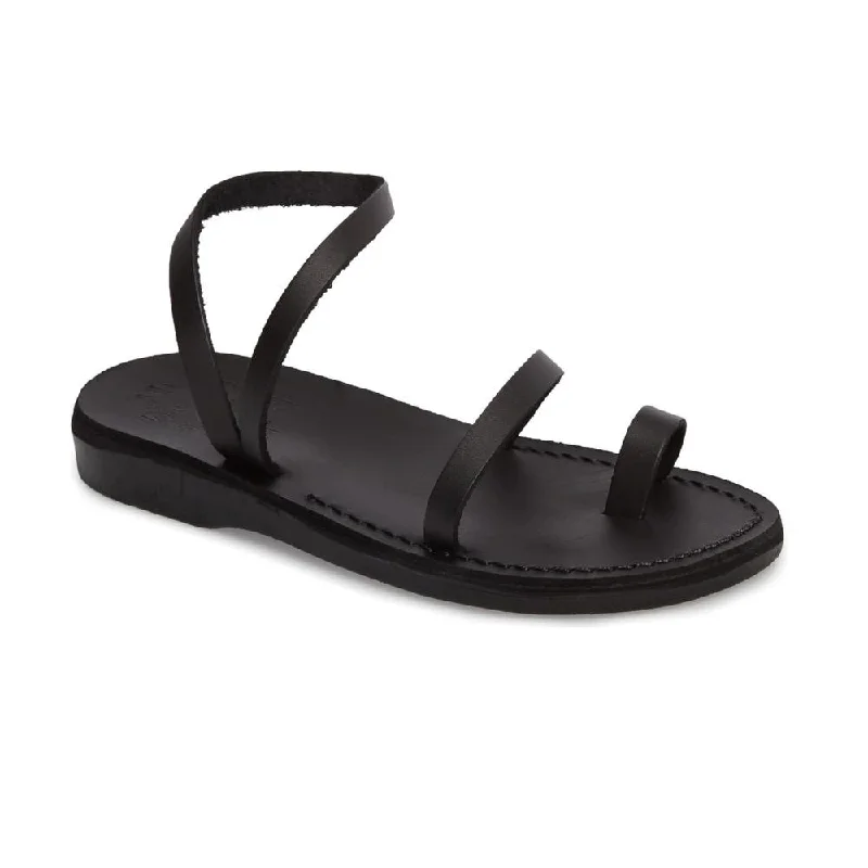 Men's sandals with a perforated leather upper for ventilationElla - Leather Ankle Strap Flat Sandal | Black