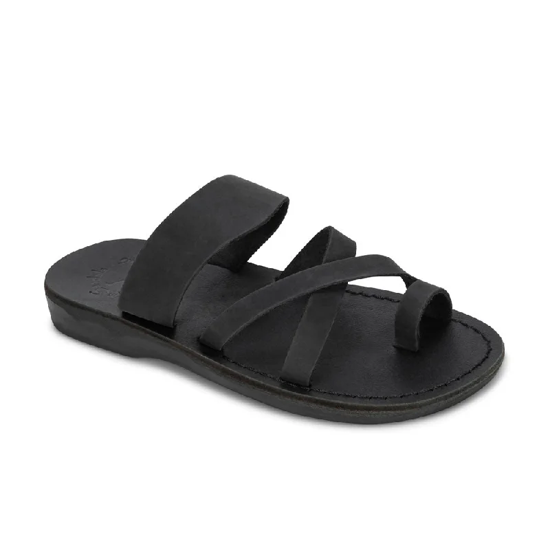 Men's sandals with a rubber sole for tractionThe Good Shepherd - Leather Toe Loop Sandal | Black Nubuck