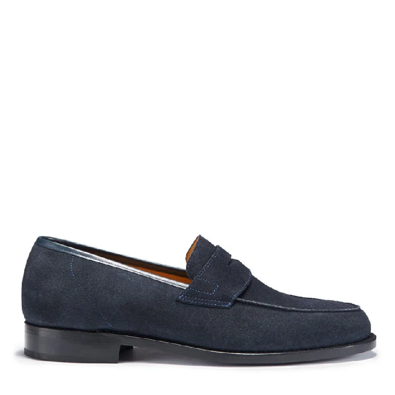 Men's leather loafers with a penny slotNavy Blue Suede Loafers, Welted Leather Sole