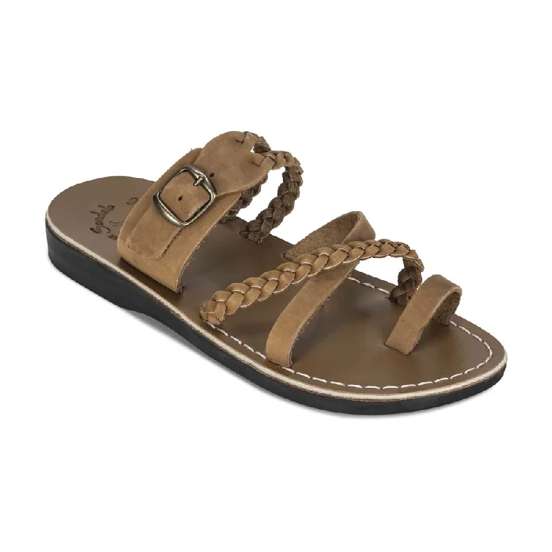 Men's sandals with a stretchy strap for a better fitSophia Buckle - Leather Braided Slide Sandal | Tan Nubuck