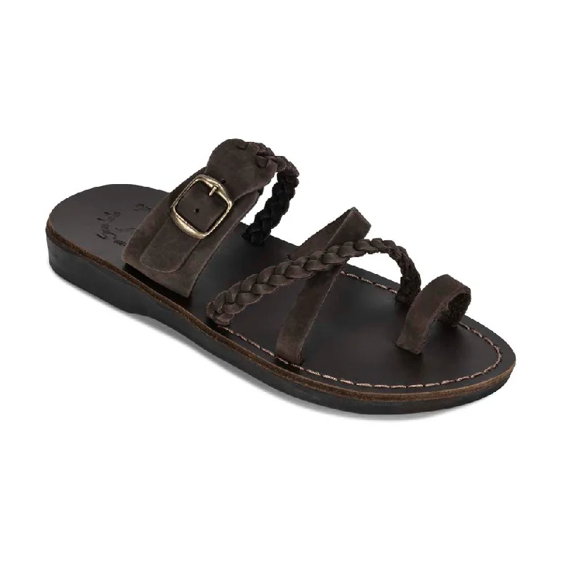 Men's sandals with a shock - absorbing insoleSophia Buckle - Leather Braided Slide Sandal | Brown Nubuck