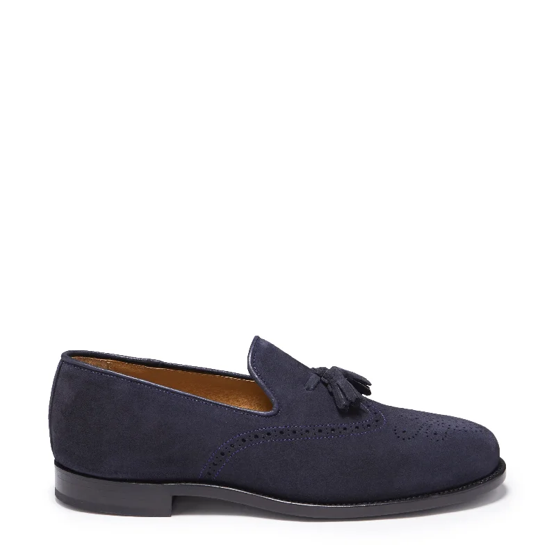 Men's loafers with a contrast stitching detailNavy Blue Suede Tasselled Brogues, Welted Leather Sole