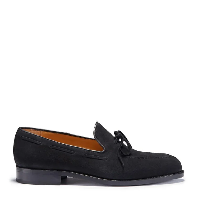 Suede men's loafers for a soft and luxurious feelBlack Suede Laced Loafers, Welted Leather Sole