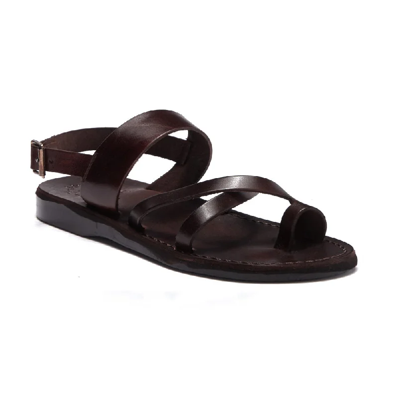 Men's sandals with a decorative buckle or charmAmos - Leather Ankle Strap Flat Sandal | Brown