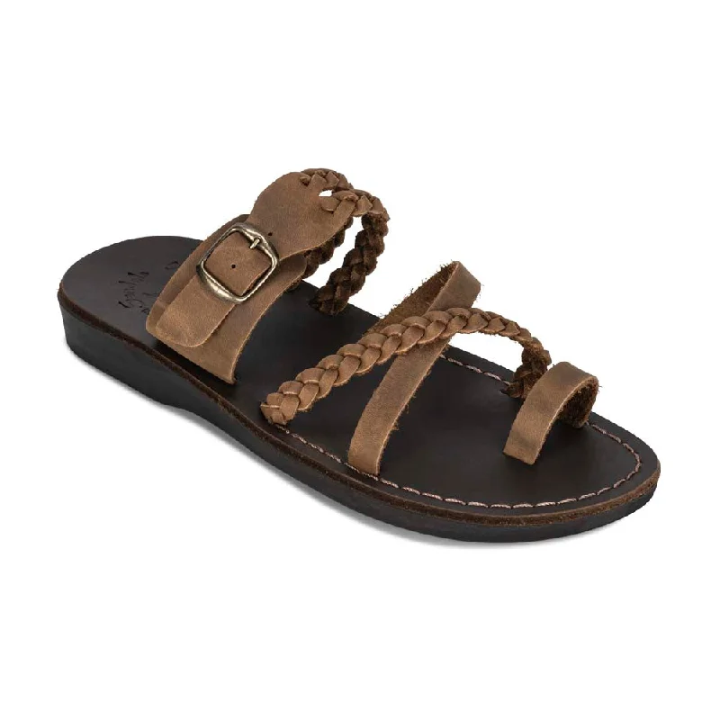 Men's sandals with a contrast stitching detailSophia Buckle - Leather Braided Slide Sandal | Oiled Brown