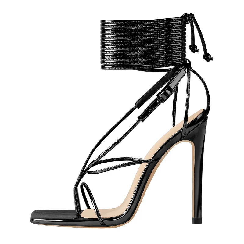 Men's sandals with a cushioned footbedBlack Square Toe Strap High Heel Stiletto Sandals