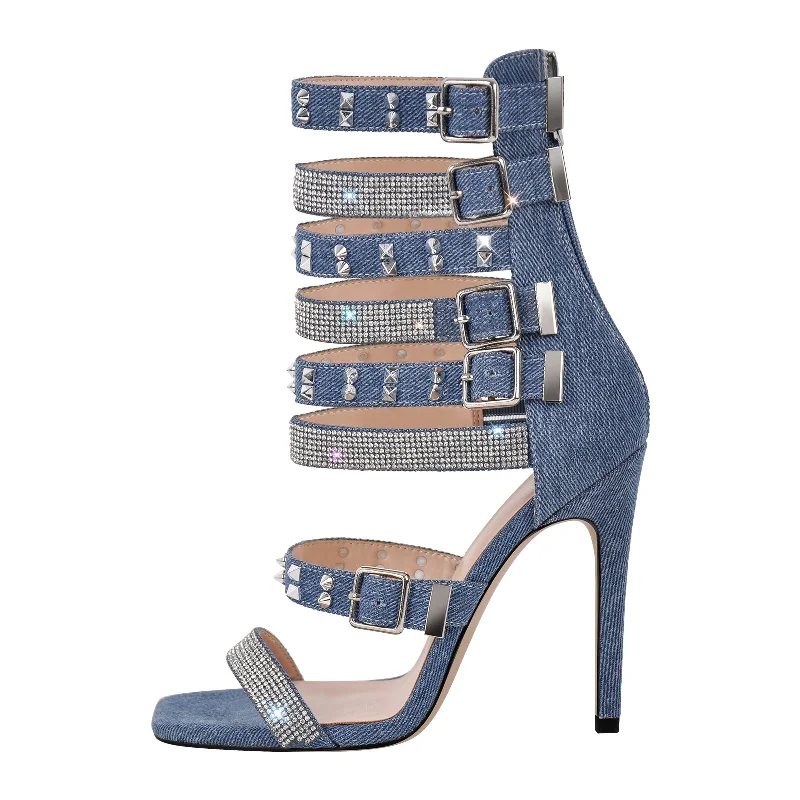 Men's sandals with a wide strap for supportDenim Hollow Rivet Buckle Strap Bootie Sandals