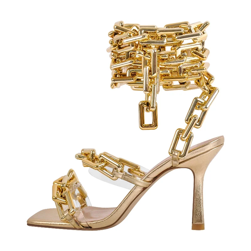 Men's sandals with a padded heelGold Square Toe Metal Chain Lace-up Stiletto Sandals