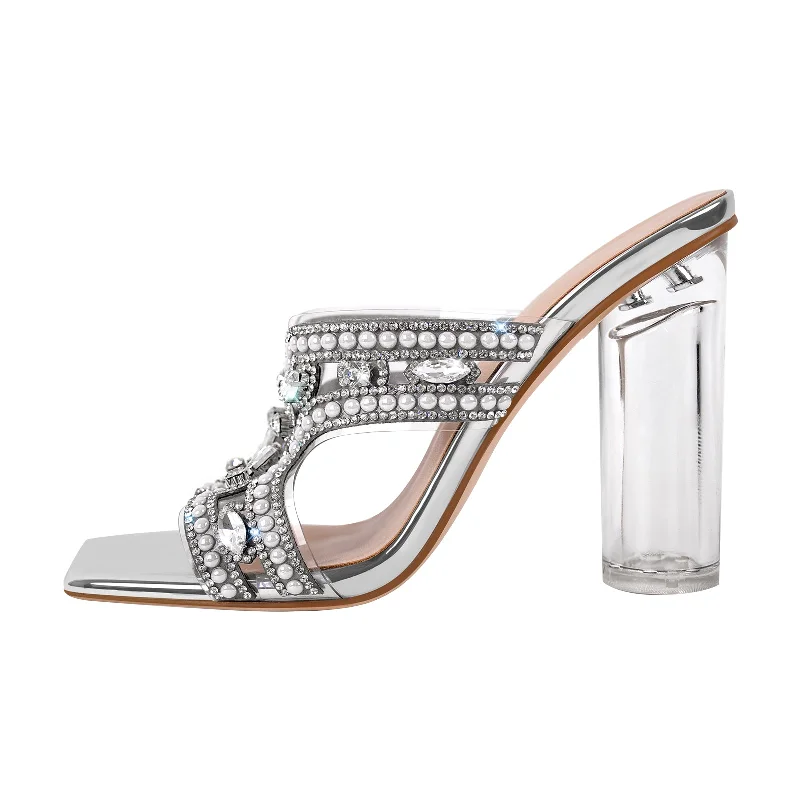 Men's sandals with a padded heelPearl Rhinestone Square Toe Chunky Heel Sandals