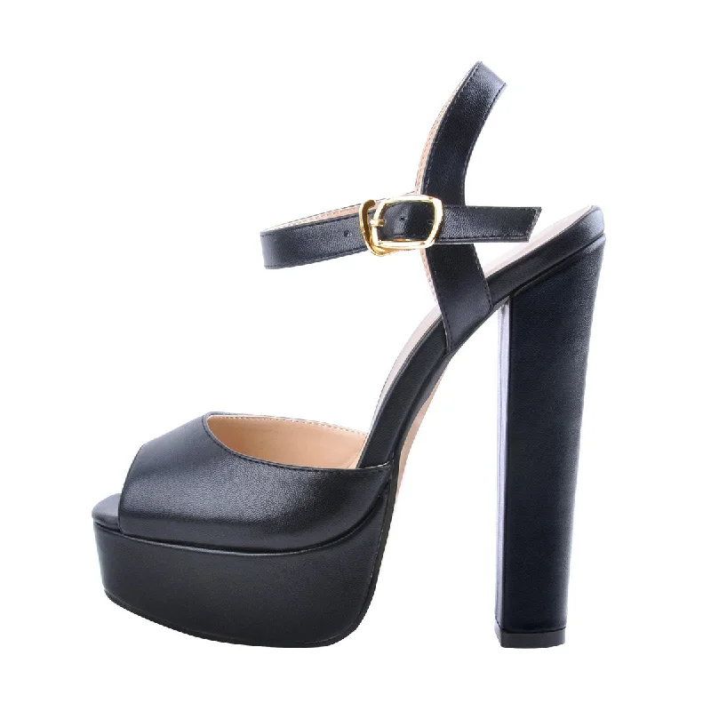 Men's sandals with a shock - absorbing insolePeep Toe Platform Black Chunky High Heel Sandals