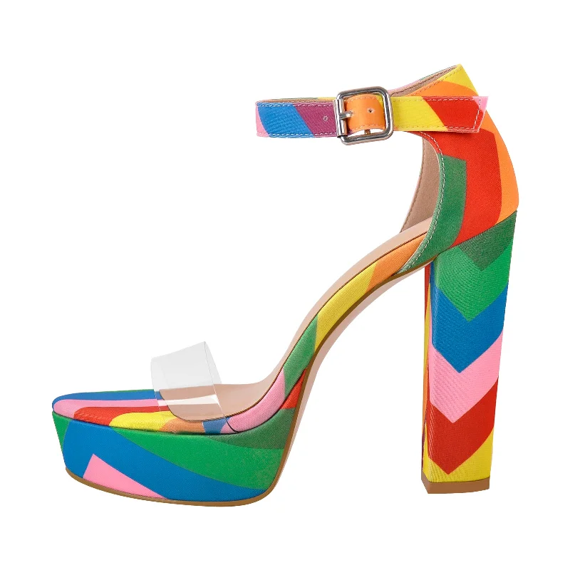 Men's sandals with a durable outer soleRainbow Platform Chunky Heel Clear Ankle Strap Sandals