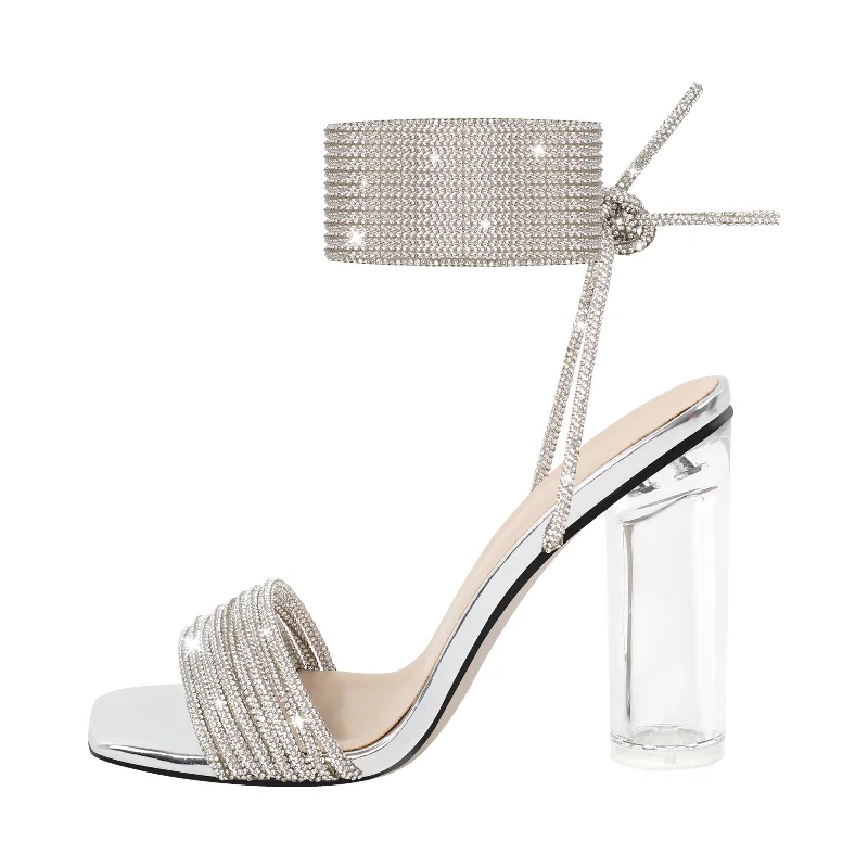 Men's sandals with a perforated leather upper for ventilationStrap Rhinestone Clear Chunky Heel Lace-up Sandals