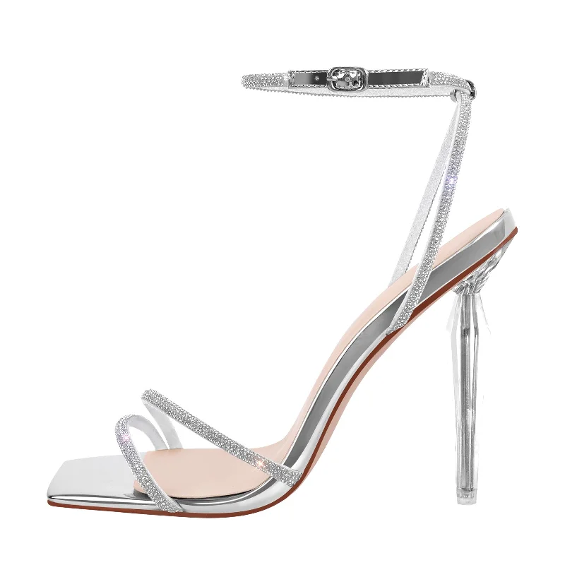 Men's sandals with a cushioned footbedRhinestone Square Toe Ankle Strap Clear Heel Sandals