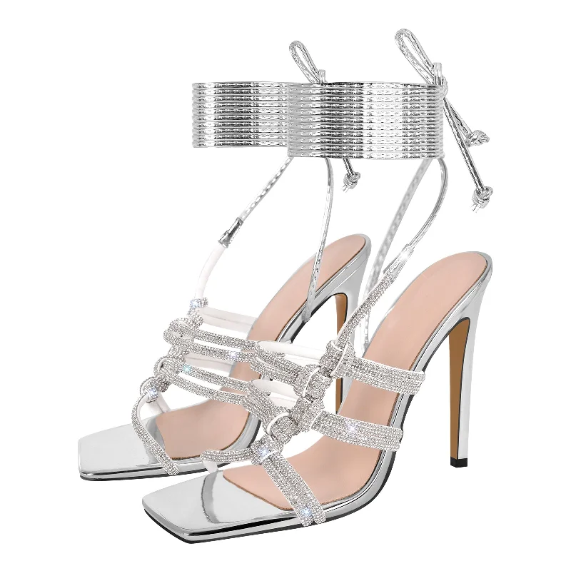 Men's sandals with a padded heelRhinestone Square Toe Stiletto Ankle Strap Sandals