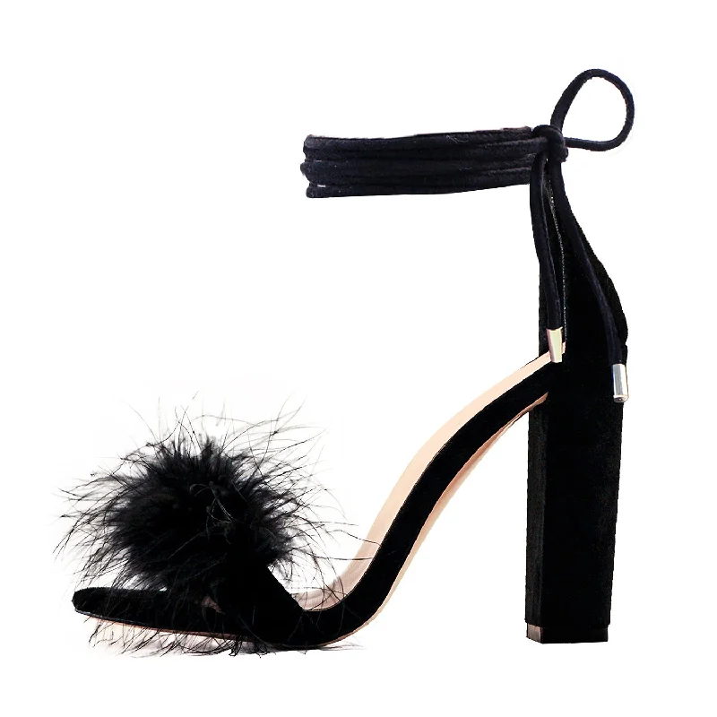 Men's sandals with a shock - absorbing insoleRound Toe Feather Lace-up Suede Chunky Heel Sandals