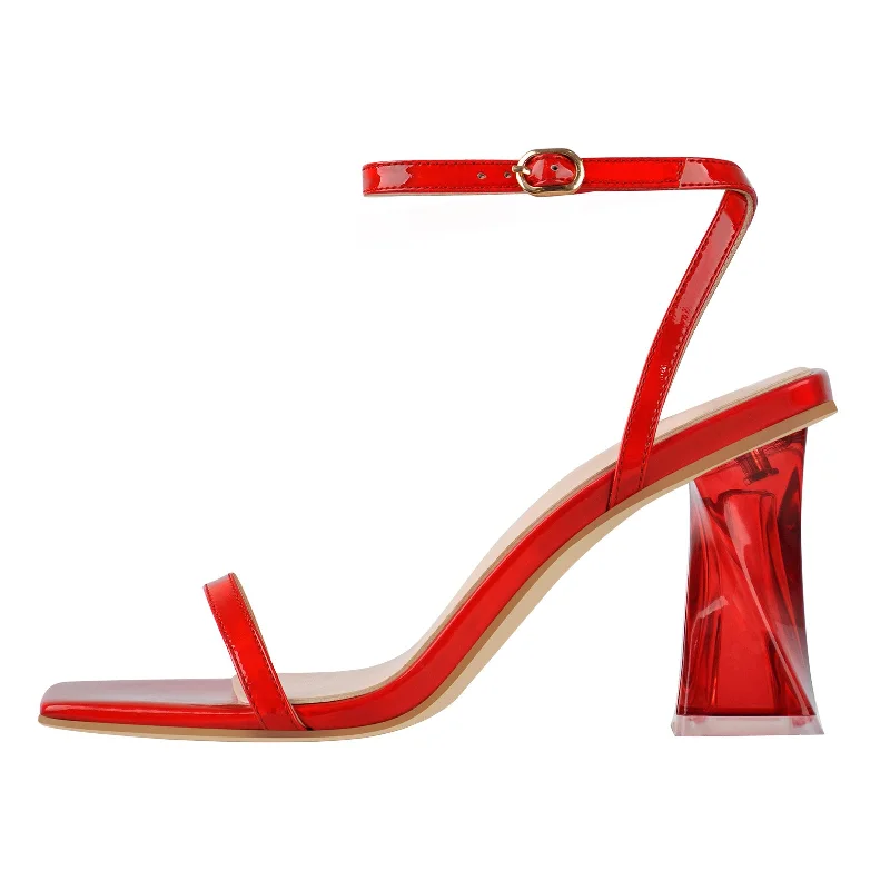 Men's sandals with a decorative buckle or charmSquare Open Toe High Heels Red Sandals