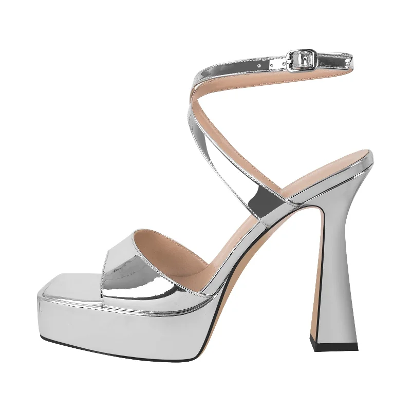 Men's sandals with a padded heelSquare Toe Ankle Strap Silver Sandals