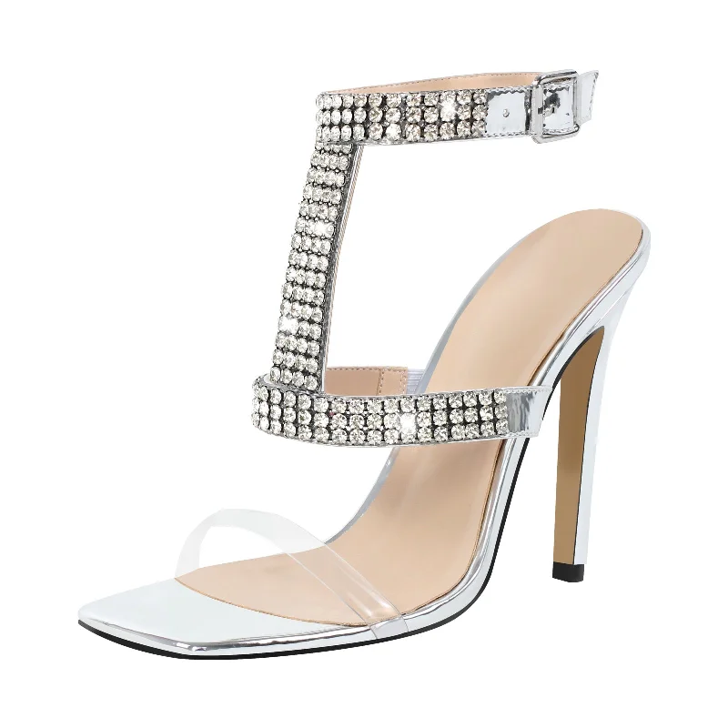 Men's sandals with a buckle closureSquare Toe Rhinestone T-Strap Stiletto Sandals