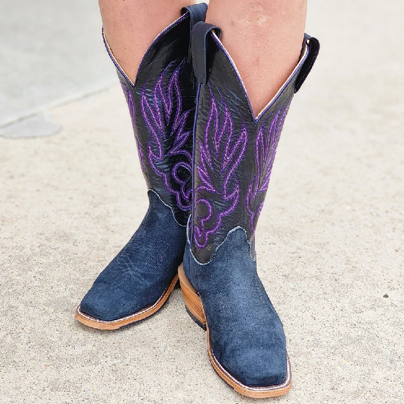 Men's western boots with a concho - studded strap and a pointed toeOlathe Black & Purple Roughout Boots