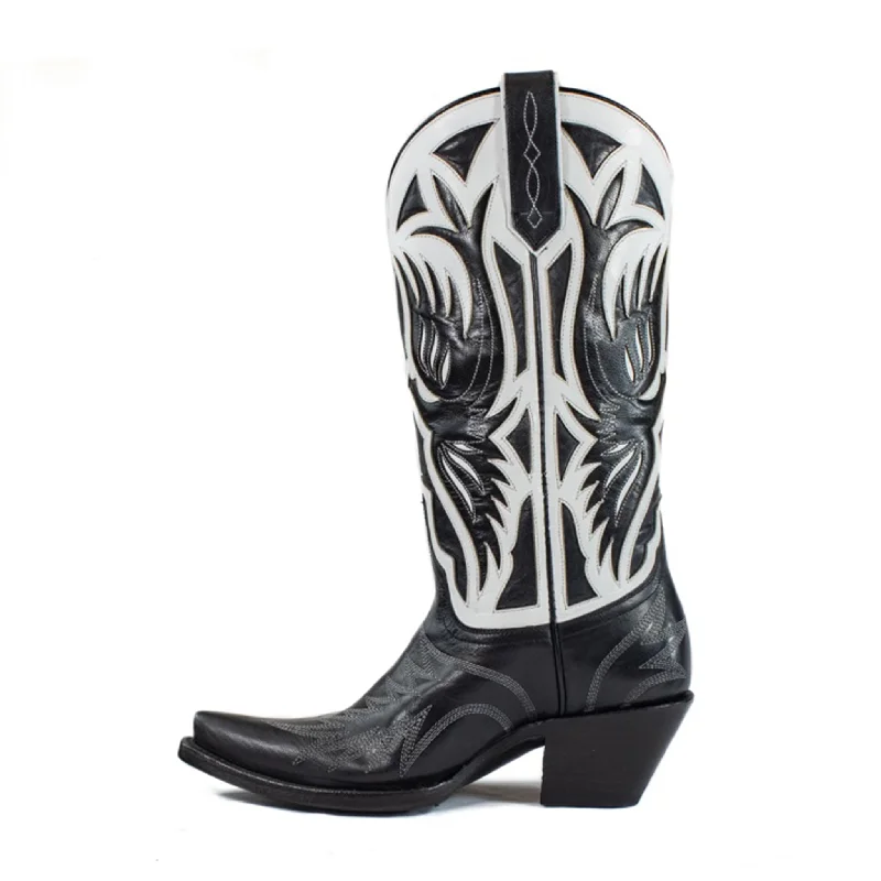 Vintage - style men's western boots with a square toe and spur ledgeAzulado Black & White Phoenix Snip Toe Boot