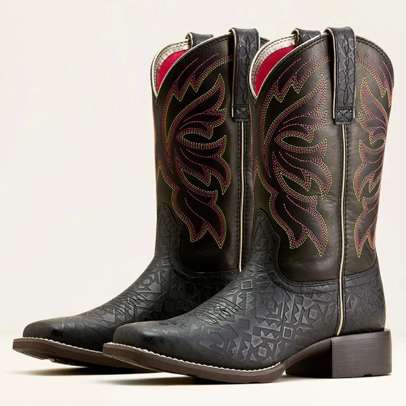 Men's western boots with a leather sole and a heel guardAriat Women's Buckley Black Embossed Boots