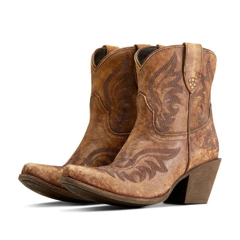 Men's western boots with a leather sole and a heel guardAriat Women's Chandler Distressed Brown Bootie