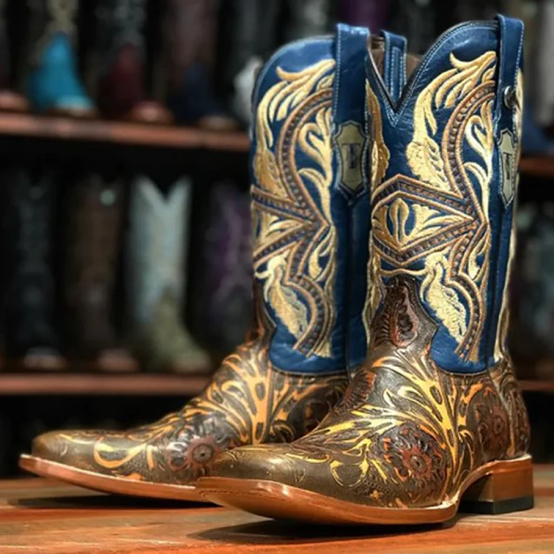 Men's western boots with a concho - studded strap and a pointed toeTanner Mark Men's Jungle Saddle Stamp Boots