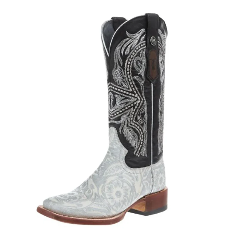 Men's western boots with a rubber sole for traction on various surfacesTanner Mark Women's Hand Tooled White Silver & Black Boots