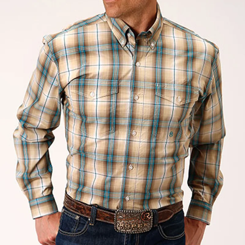 Roper Men's Khaki Blue & Tan Plaid Long Sleeve Shirt