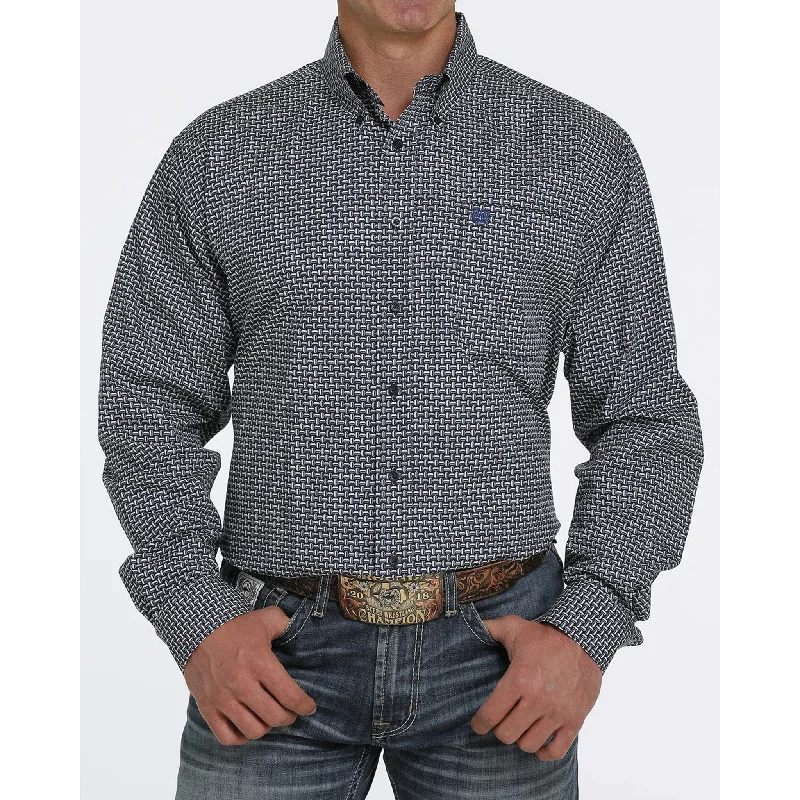 Cinch Men's Navy & White Weave Print Long Sleeve