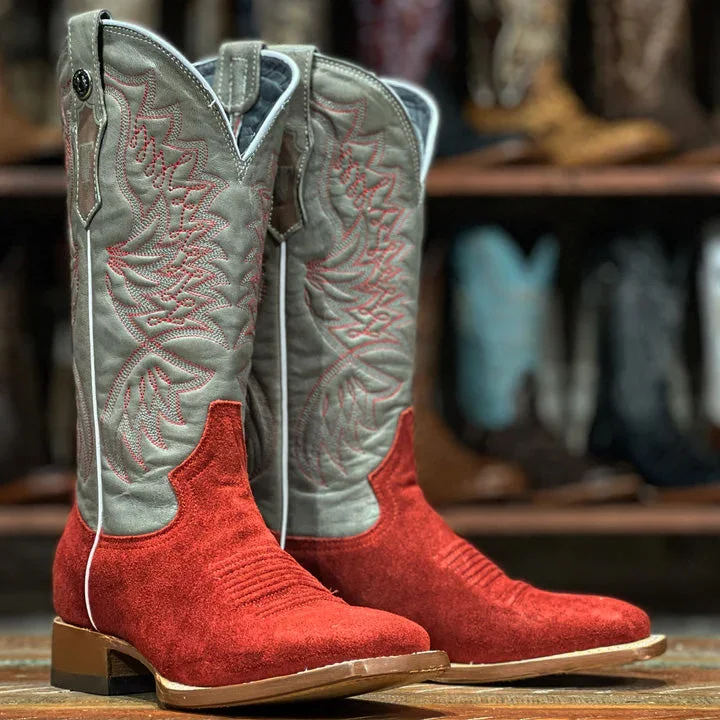 Western - style men's boots with intricate tooling and stitchingTanner Mark Ladies Ruff Out Red and Grey Square Toe Western Boot