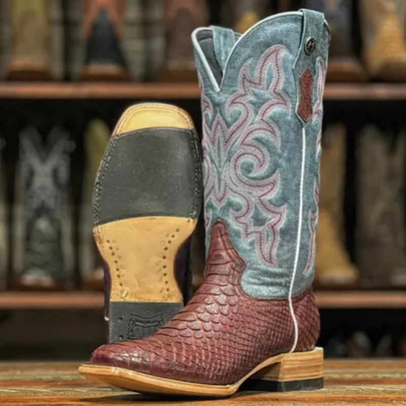 Men's western boots with a suede shaft and a leather soleTanner Mark Women's Wine Python Boots